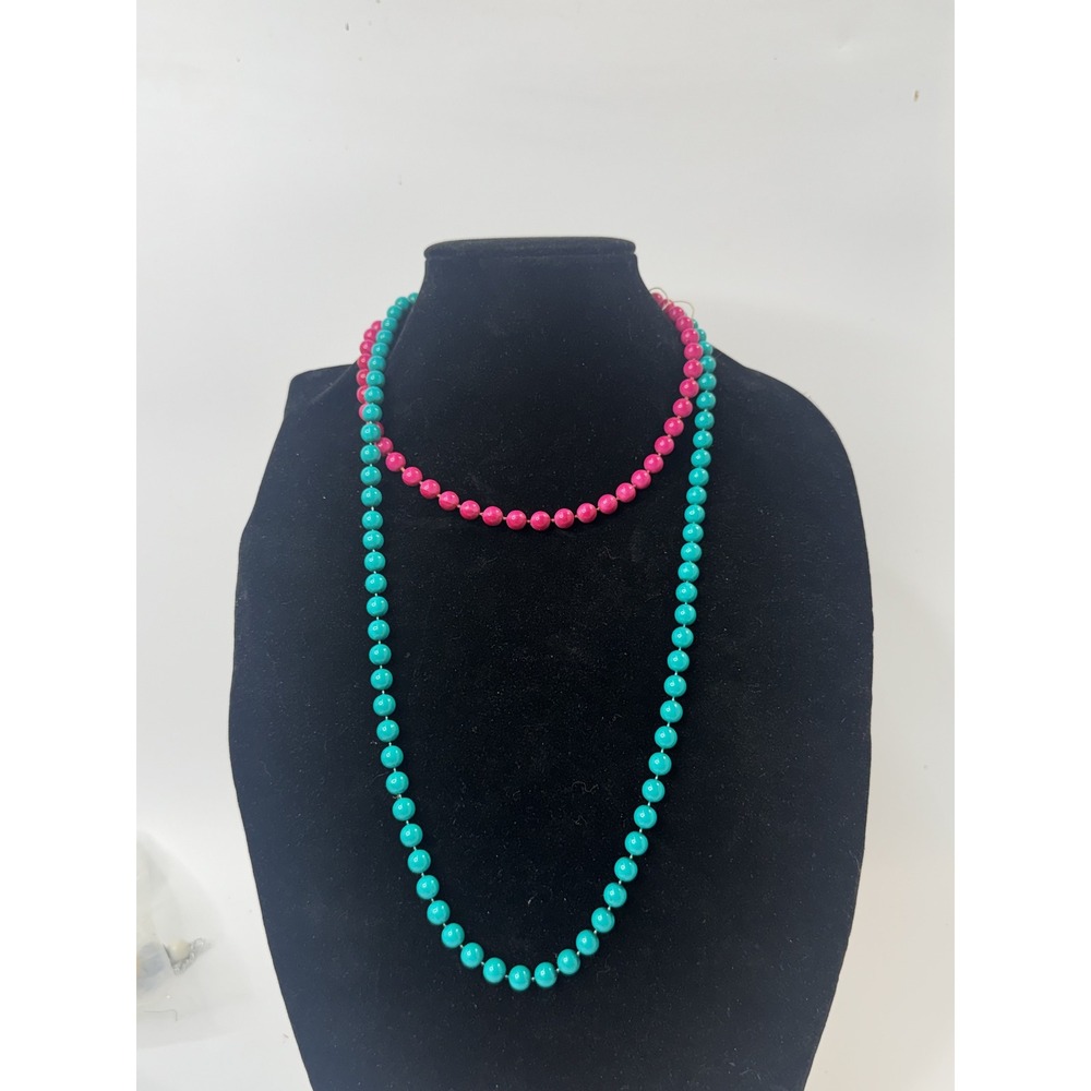 Vintage Hand Knotted Glass Bead Necklace Set Magenta Pink Teal Turquoise Gold